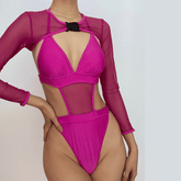 Traje de baño de una pieza con cuello halter, manga larga y malla sólida con lazo y cubierta.
